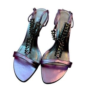 Isabella Fiore Lilac Crystal Chain Metallic Purple Leather Strappy Heels Size 7